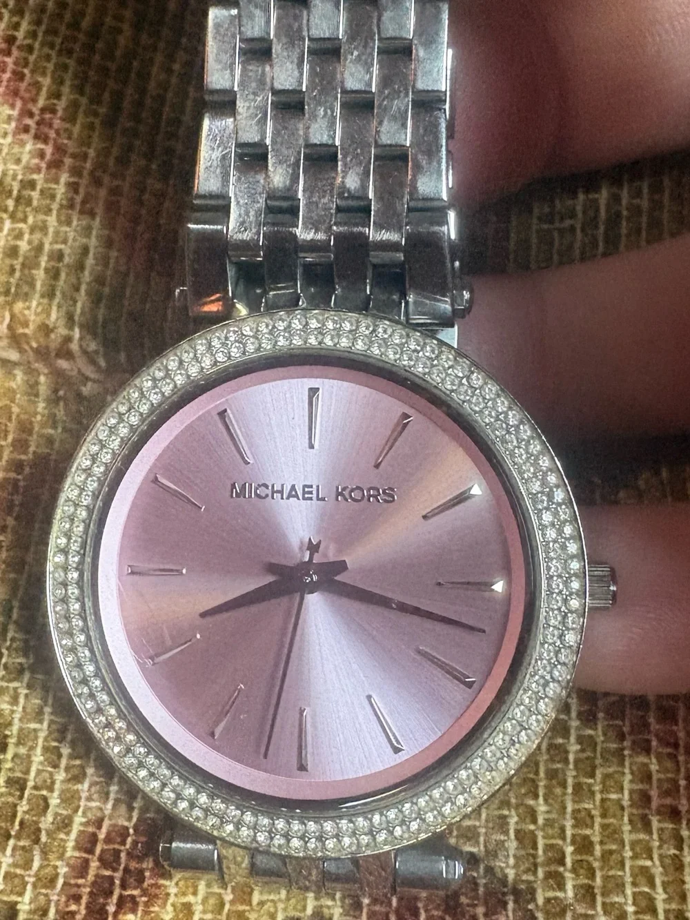 Michael Kors Silver Bracelet Watch with Pink Sunray Dial and Crystal Bezel